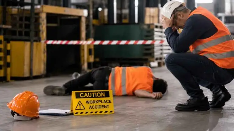 Workplace accident scene in an industrial warehouse with workers in orange high-vis, highlighting the importance of safety programme compliance and fatality prevention.