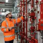 Facilities engineer inspecting mechanical and fire safety systems in a commercial building,