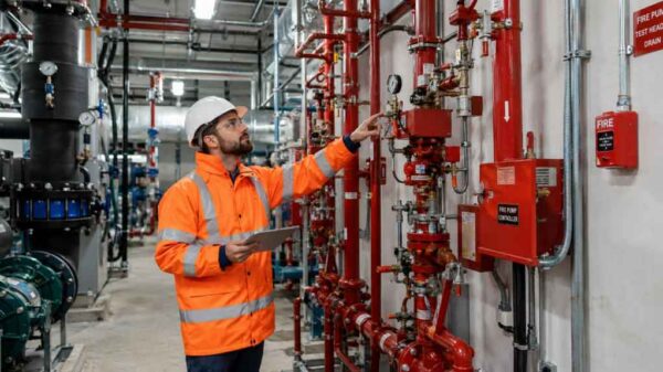 Facilities engineer inspecting mechanical and fire safety systems in a commercial building,