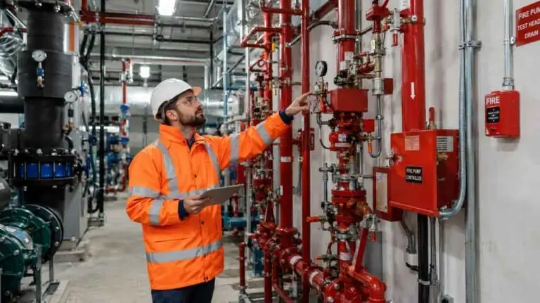 Facilities engineer inspecting mechanical and fire safety systems in a commercial building,