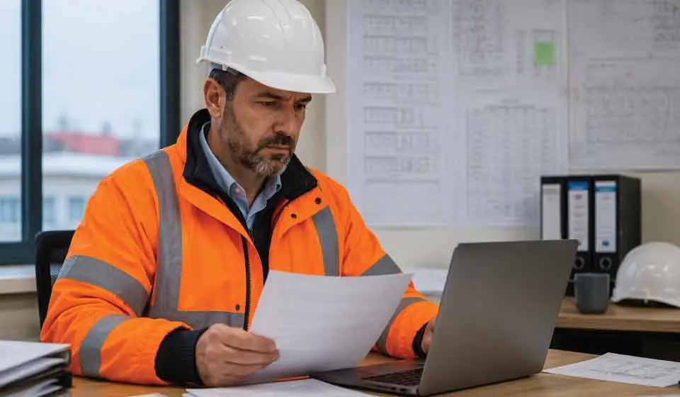 Facilities manager reviewing contractor certification records for asbestos and lead safety compliance