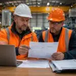 Contractor and site manager reviewing a permit to work form at an industrial manufacturing site.