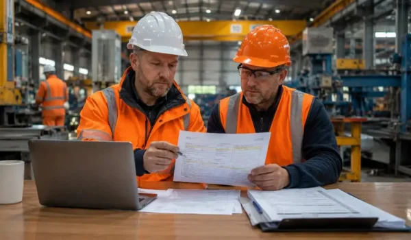 Contractor and site manager reviewing a permit to work form at an industrial manufacturing site.