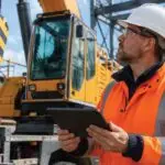 Construction site manager inspecting crane safety systems and load limiter compliance records
