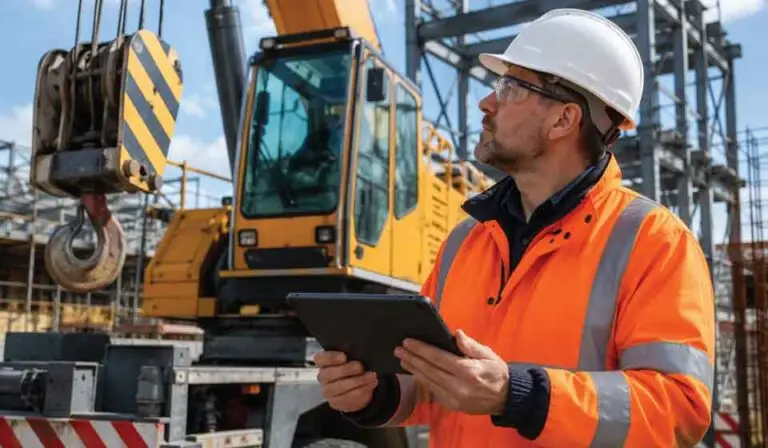 Construction site manager inspecting crane safety systems and load limiter compliance records