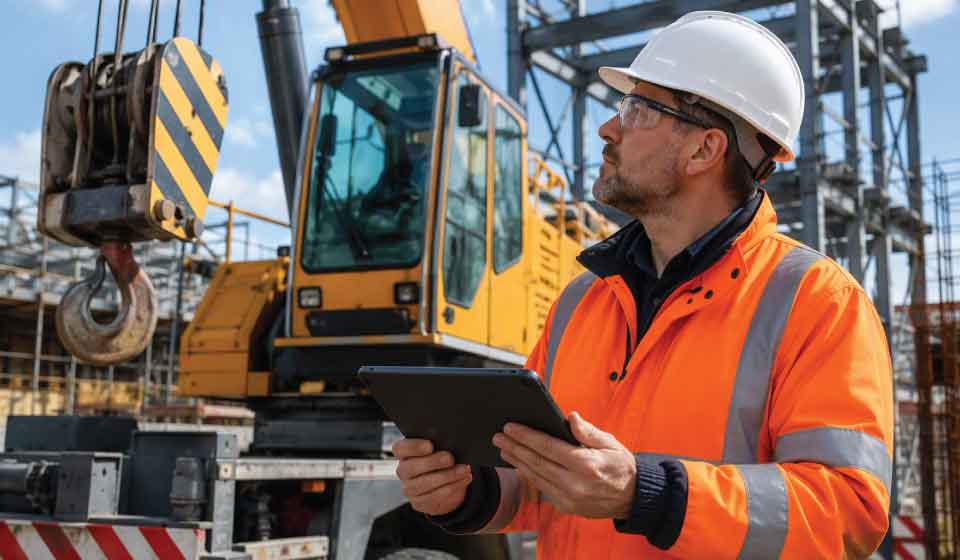 Construction site manager inspecting crane safety systems and load limiter compliance records