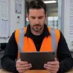 Employee reviewing a driving for work risk assessment checklist on a tablet in an Irish workplace.