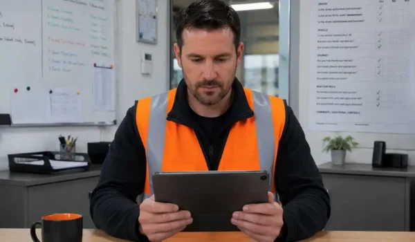 Employee reviewing a driving for work risk assessment checklist on a tablet in an Irish workplace.