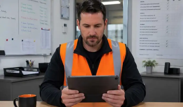 Employee reviewing a driving for work risk assessment checklist on a tablet in an Irish workplace.