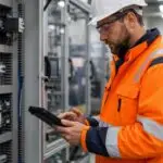 Technician performing a risk-based electrical equipment inspection in a German factory.