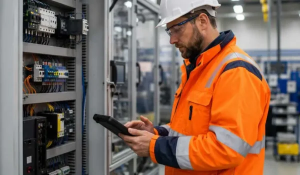 Technician performing a risk-based electrical equipment inspection in a German factory.
