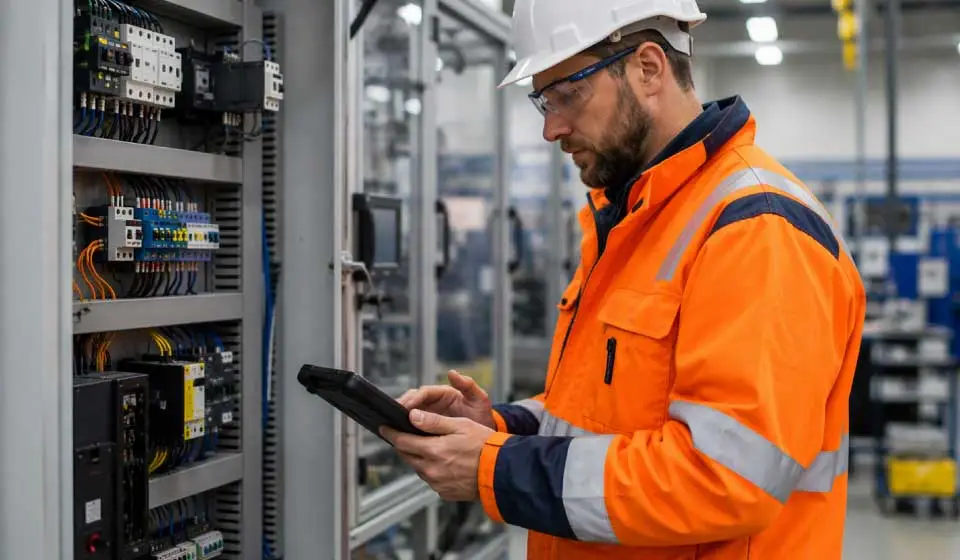 Technician performing a risk-based electrical equipment inspection in a German factory.