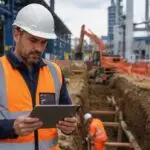 Construction supervisor reviewing trench and excavation safety checklist on site