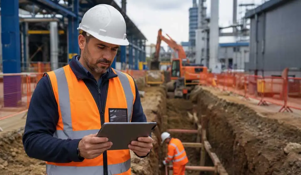 Construction supervisor reviewing trench and excavation safety checklist on site