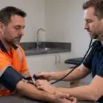 Occupational health check being carried out in a UK workplace, representing HSE health surveillance compliance enforcement.