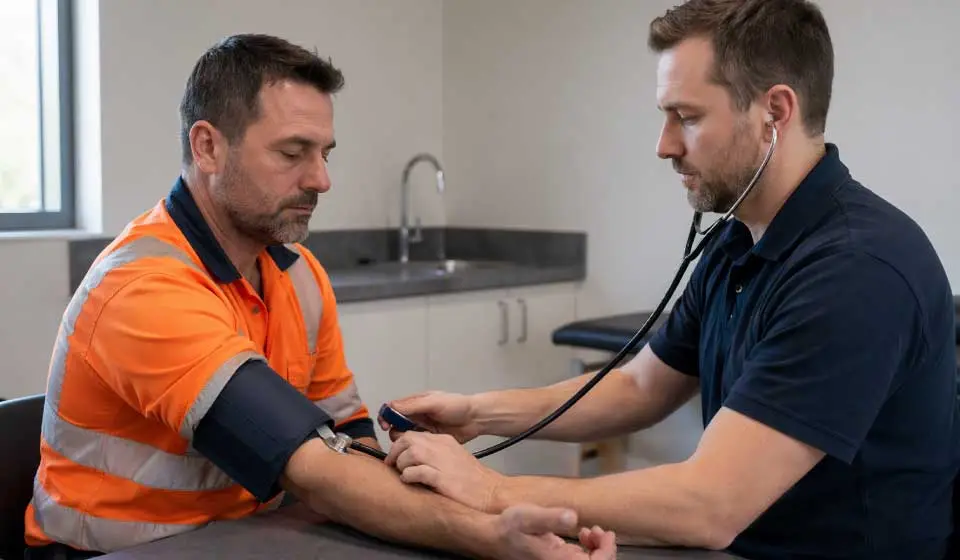 Occupational health check being carried out in a UK workplace, representing HSE health surveillance compliance enforcement.