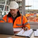 Site manager reviewing height safety and excavation inspection records on a UK construction site.