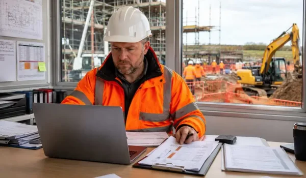 Site manager reviewing height safety and excavation inspection records on a UK construction site.