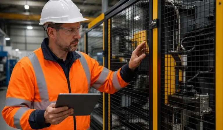 Factory technician inspecting machine guarding on industrial equipment for safety compliance.
