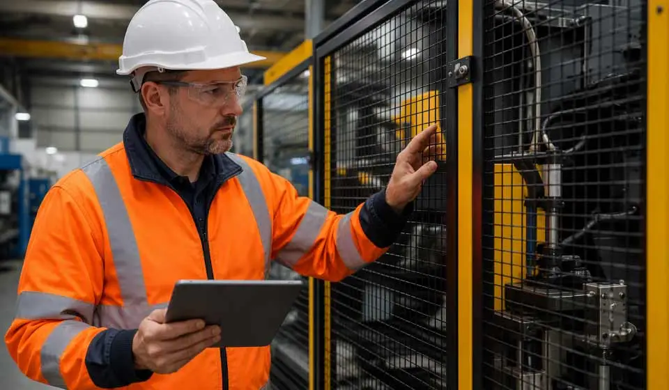 Factory technician inspecting machine guarding on industrial equipment for safety compliance.