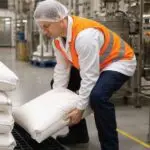 Food manufacturing worker safely lifting ingredient sacks under manual handling compliance controls