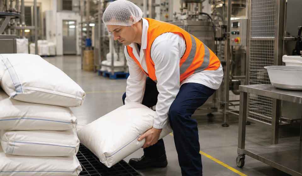 Food manufacturing worker safely lifting ingredient sacks under manual handling compliance controls