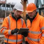 Construction workers reviewing equipment instructions on site, reflecting Ontario's Construction Death Review findings on training gaps.