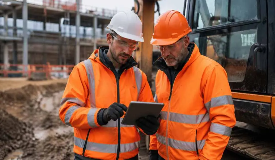 Construction workers reviewing equipment instructions on site, reflecting Ontario's Construction Death Review findings on training gaps.