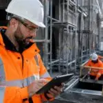 Site supervisor checking contractor permits and confined space authorisation on a construction site.