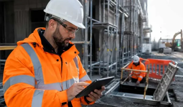 Site supervisor checking contractor permits and confined space authorisation on a construction site.