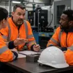 Manufacturing workers in a safety consultation meeting with a safety representative.