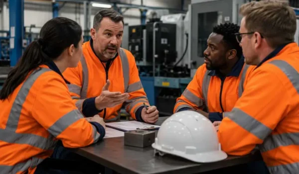 Manufacturing workers in a safety consultation meeting with a safety representative.