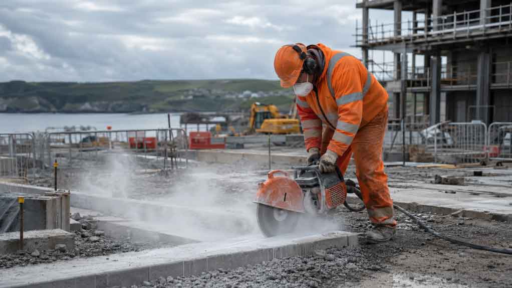 Construction worker cutting concrete on a site in Ireland generating silica dust.