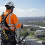 Construction worker using fall protection equipment at height, reflecting UK workplace fatality statistics for 2025/26.