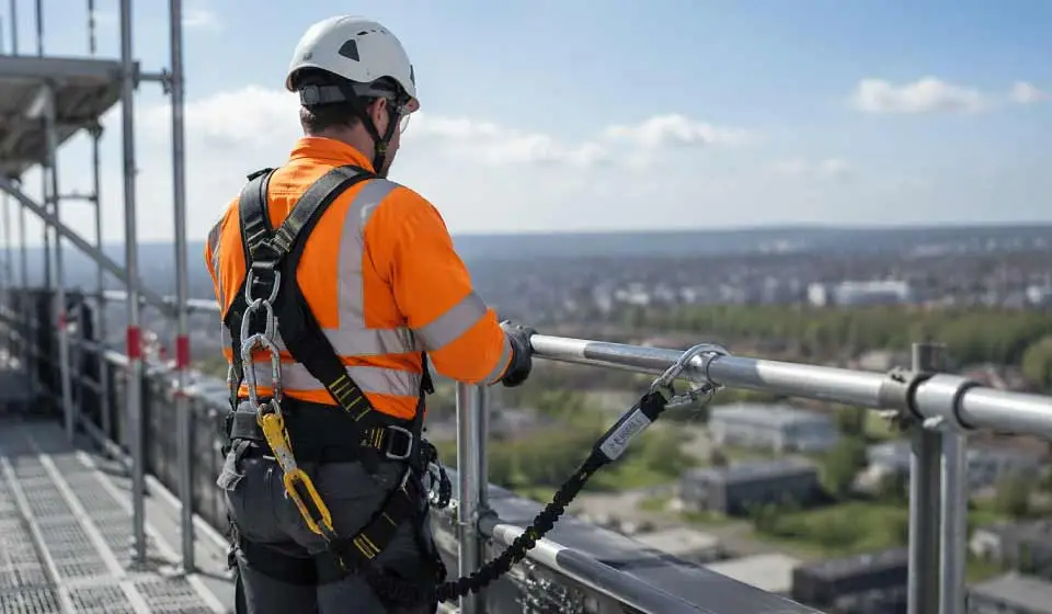 Construction worker using fall protection equipment at height, reflecting UK workplace fatality statistics for 2025/26.