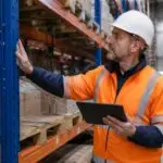 Facilities manager inspecting warehouse storage racking for safety compliance.