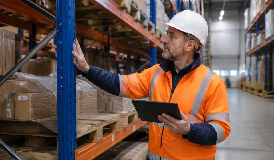 Facilities manager inspecting warehouse storage racking for safety compliance.