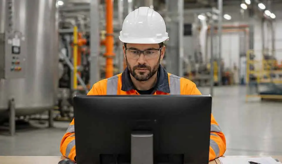 Industrial worker reviewing chemical safety training and PPE fit-testing records