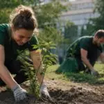 Corporate professionals participating in a community sustainability initiative demonstrating the business and social benefits of corporate social responsibility.