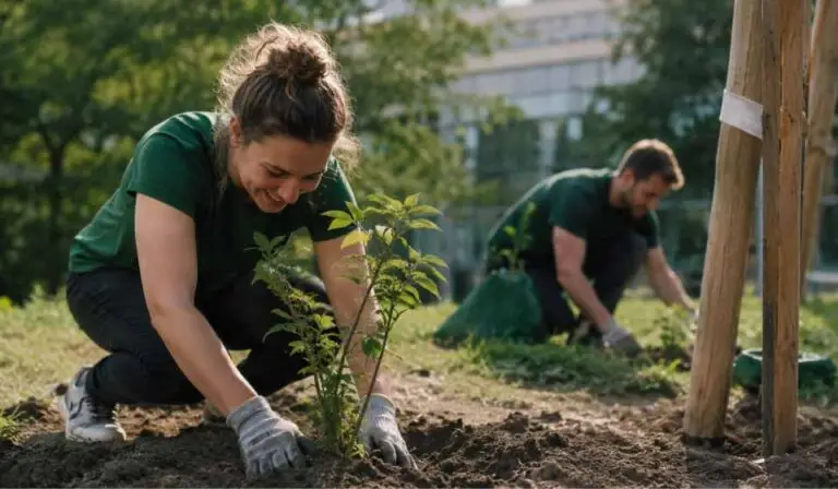 Corporate professionals participating in a community sustainability initiative demonstrating the business and social benefits of corporate social responsibility.