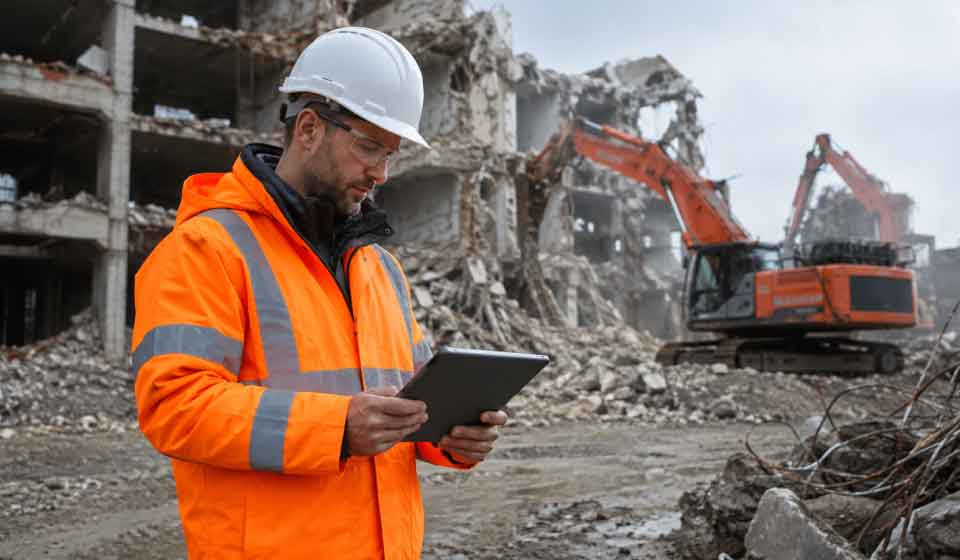 Site supervisor reviewing a method statement before high-risk demolition work.