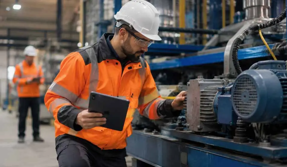 Industrial workers inspecting machinery and equipment to support compliance with EU Machinery Regulation 2027 and improve operational safety.