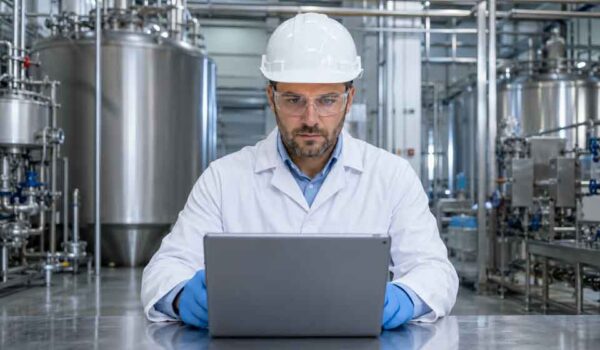 Quality engineer inspecting dairy equipment safety design and compliance documentation