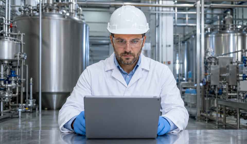 Quality engineer inspecting dairy equipment safety design and compliance documentation
