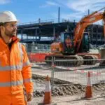 Construction supervisor reviewing exclusion zones around mobile plant on a job site