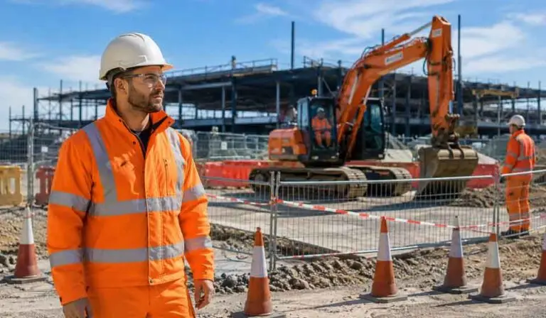 Construction supervisor reviewing exclusion zones around mobile plant on a job site