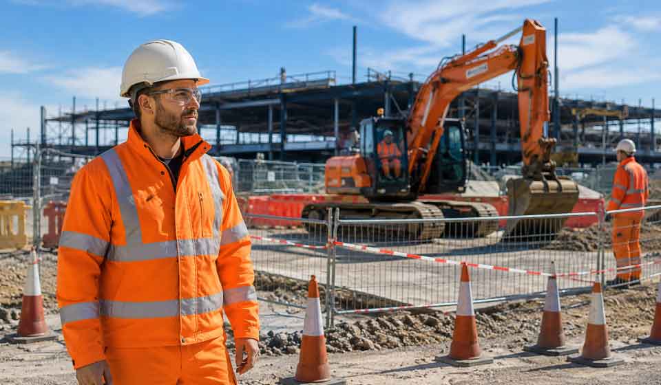 Construction supervisor reviewing exclusion zones around mobile plant on a job site