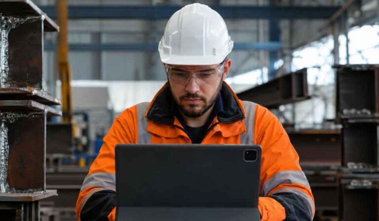 Construction quality inspector reviewing imported steel welding certification records