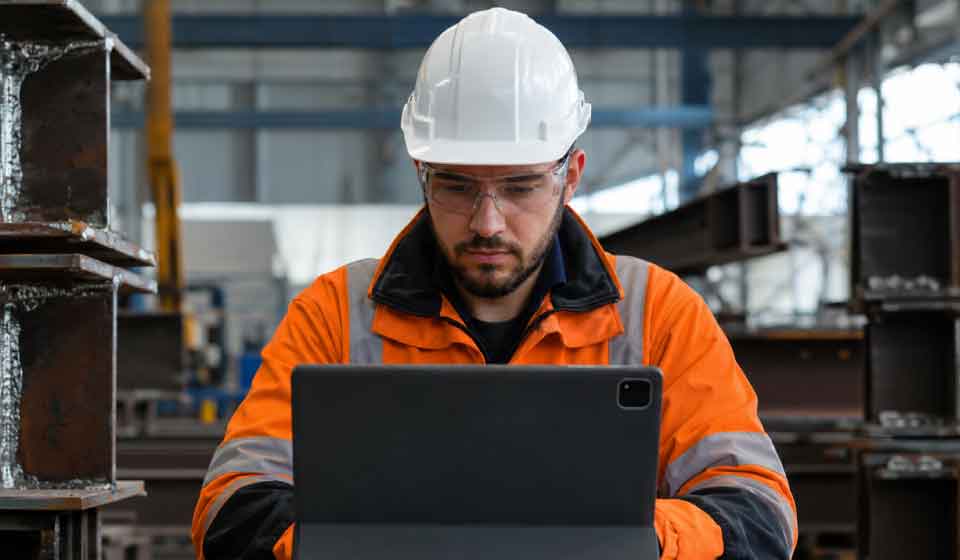 Construction quality inspector reviewing imported steel welding certification records