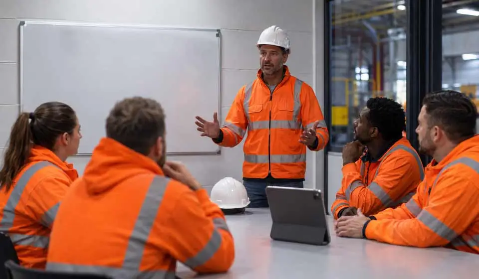 Employees participating in workplace safety training to improve safety training compliance and meet UK health and safety requirements.